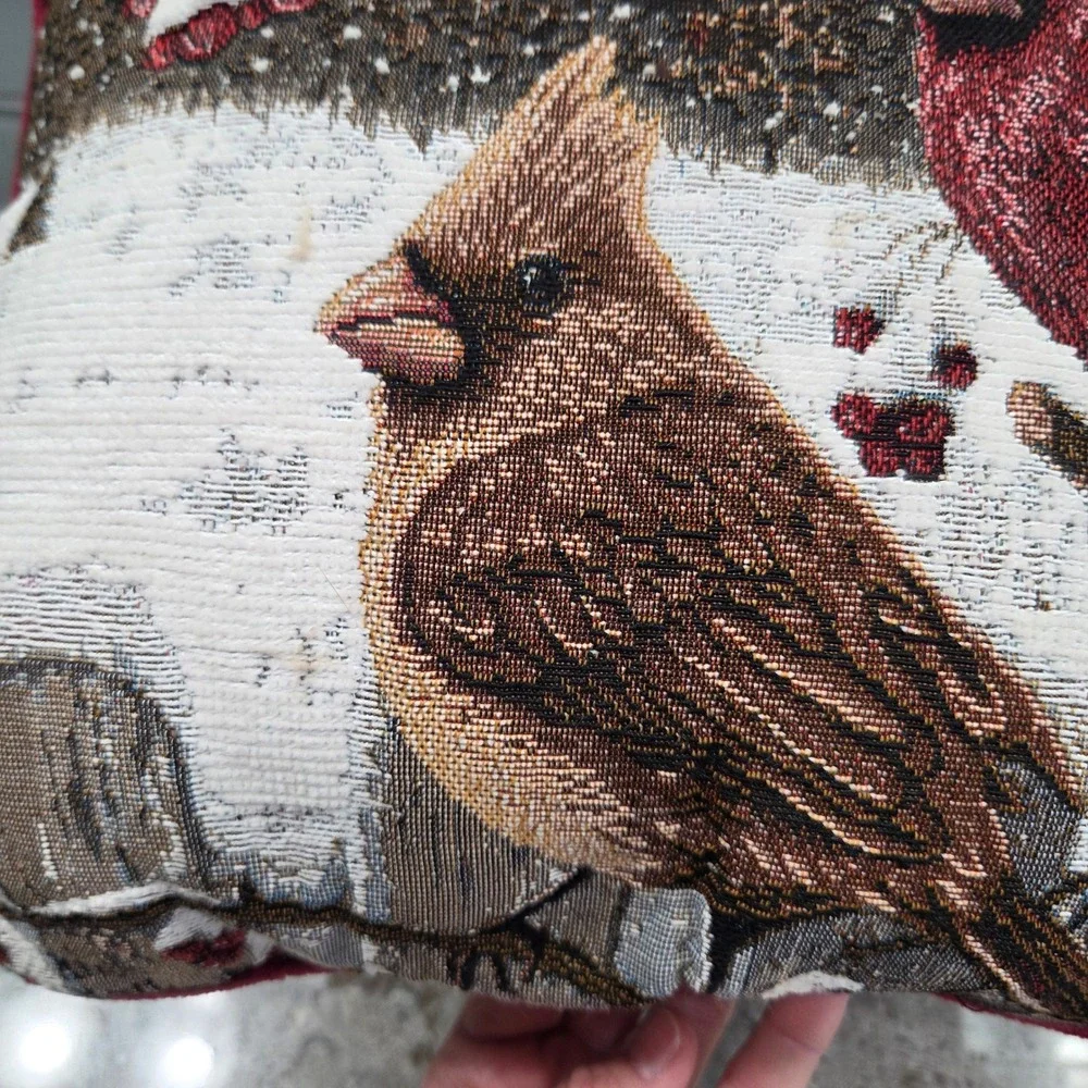 Vintage Cardinal‎ Birds Winter Tapestry Accent Pillow Red Velvet Back 14x10